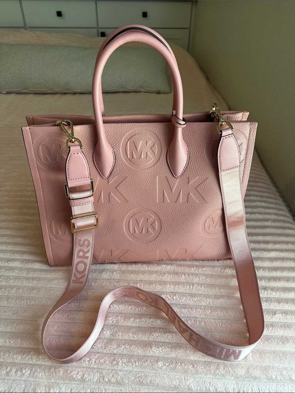 Michael Kors Pink Embossed MK Satchel with Logo Strap